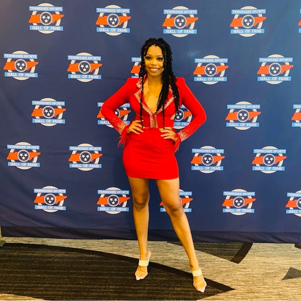 Stunning Red Dress with Feather Details